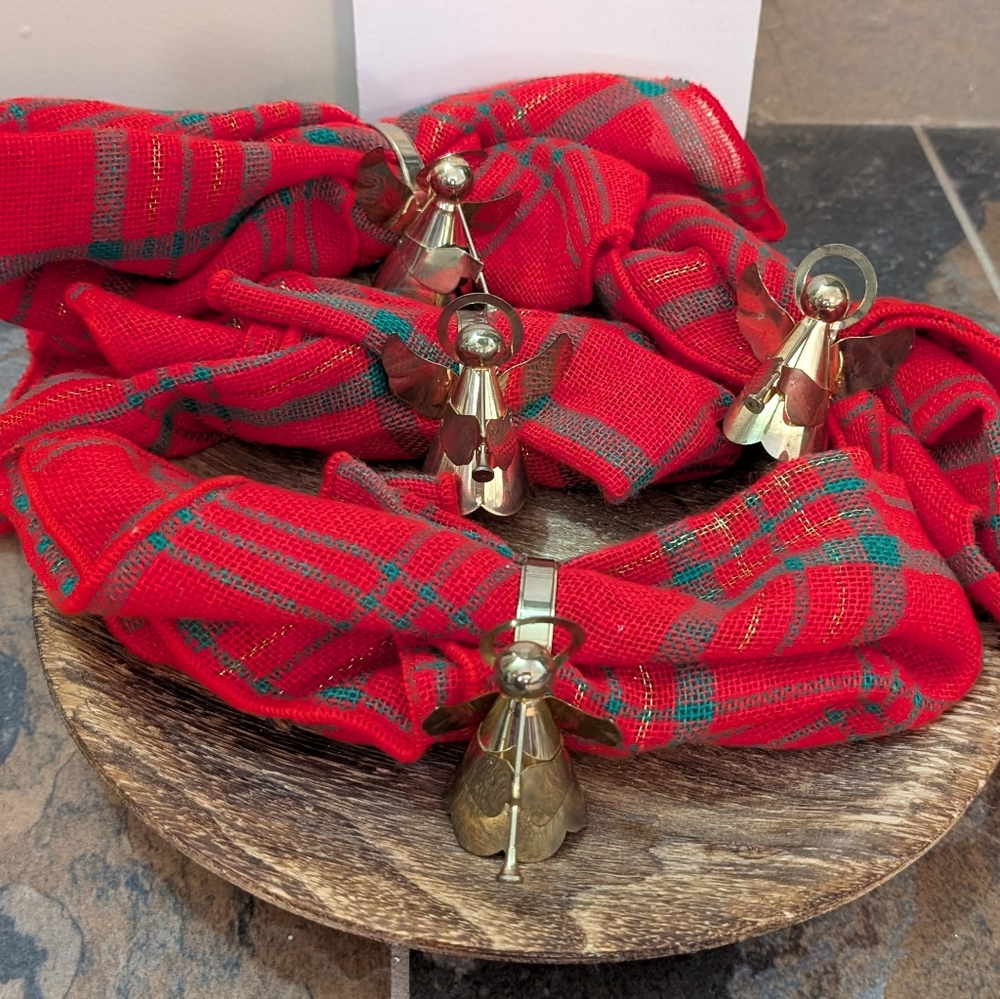 Red And Green Plaid Napkins Gold Toned Angel Napkins Rings Vintage Christmas Set